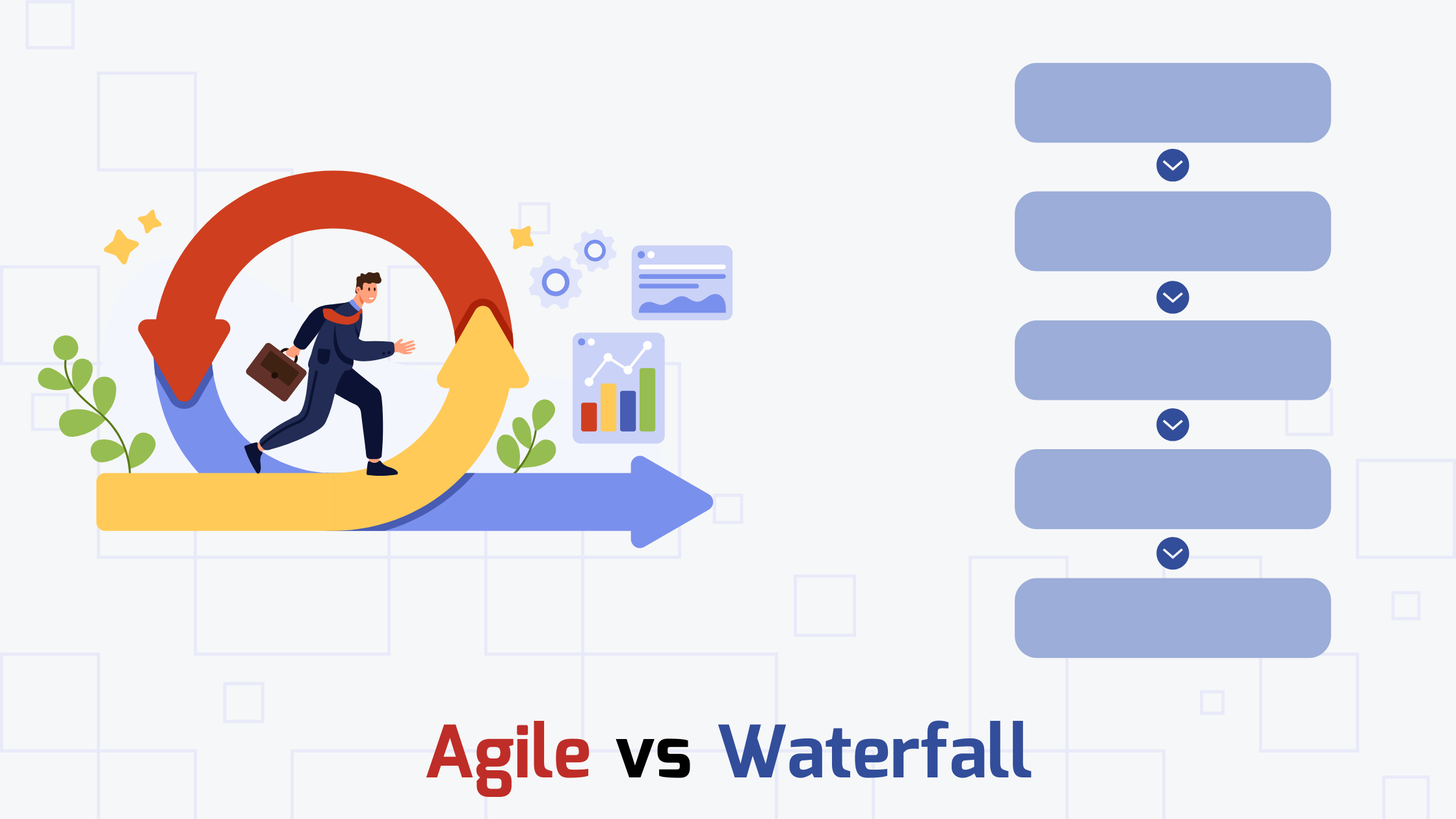 Perbandingan Agile vs Waterfall dalam timeline, keterlibatan klien, budgeting, risiko, dan kecocokan proyek.