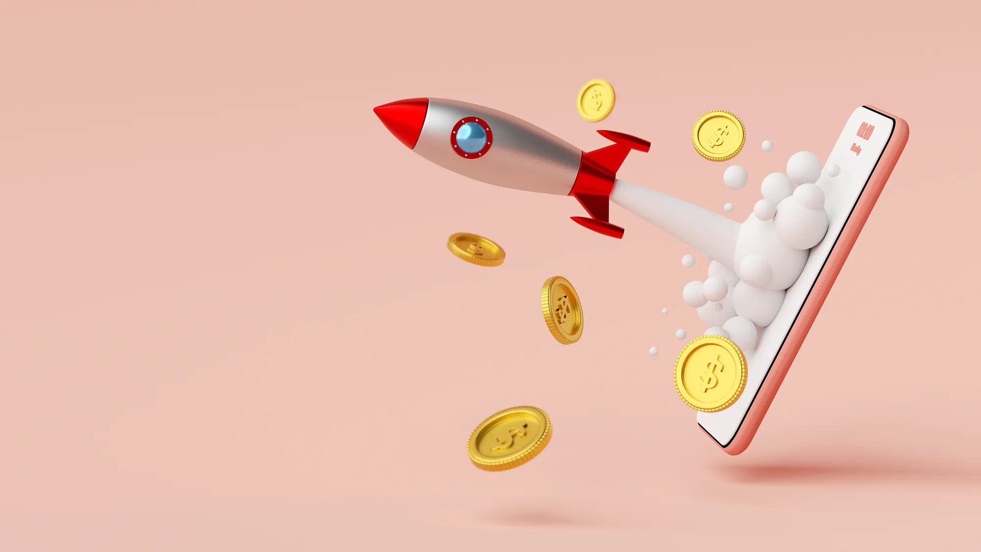 3D illustration of a smartphone app being launched, with rocket elements symbolizing deployment and go-live stage of mobile development.